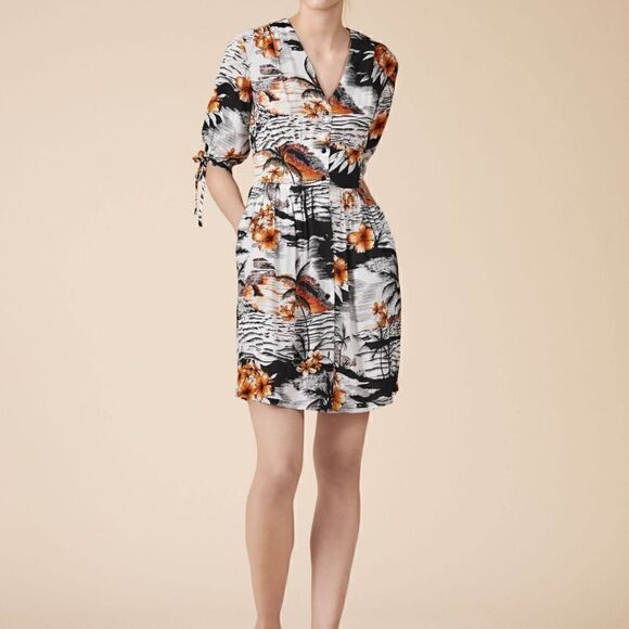 MAJE 1 Small Rolina Tropical Hawaiian Print Tie-Sleeve Crepe A-Line Shirt Dress - Picture 1 of 11